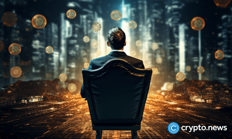 crypto news blurry man in business suit sitting in chair backside view bitcoin and blockchain structure background v5.2