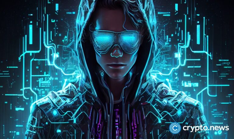 crypto news Hacker front view portrait blockchain and artificial intelligence background white neon color cyber