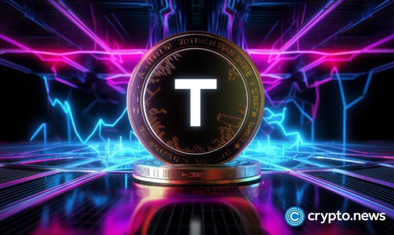 crypto news coin with T logo blurry internet and blockchain and trading chart background bright neon ligh v5.2
