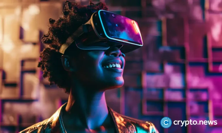 crypto news smiling black woman in vr glasses over grid box burning blockchain and artificial intelligence bright neon colors blurry background option01