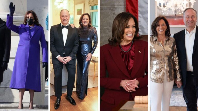 Our Top 4 Kamala Harris Looks including a Purple Christopher Rogers Coat a Custom Sergio Hudson Sequin Gown a Maroon Christian Siriano Suit a Gold LaQuan Smith Sequin Top feat image