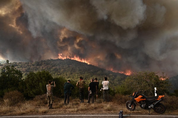 People look at wildfire smoke raging in forest