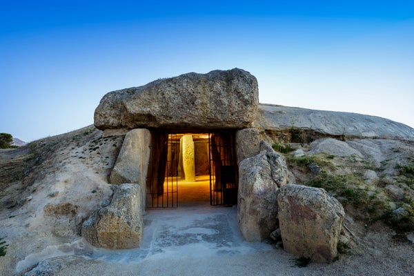 SA neolithic stone chamber with illuminated stone inside