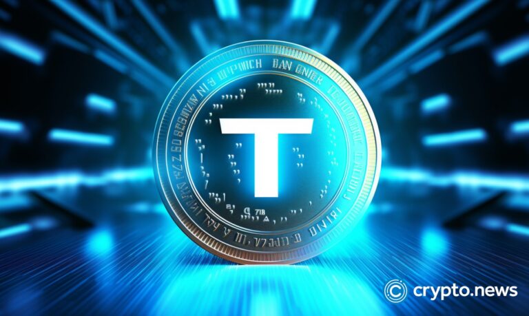 crypto news coin with T logo blurry internet and blockchain and trading chart background bright neon li v5.2