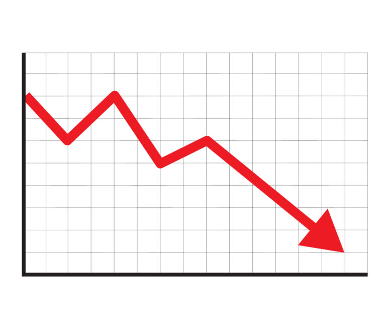 1 simple red arrow declining stock chart on a white checked background