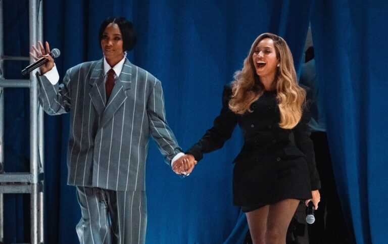 3 Beyonce and Kelly Rowland Campaign for Kamala Harris in Houston with Beyonce in a Black Wardrobe NYC Blazer Dress and Kelly in a Fear of God Gray and White Striped Suit copy