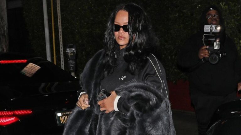 Rihanna Stepped Out to Dinner in LA in a Black Awake New York Track Suit with a Black Bottega Veneta Faux Fur Shawl and Brown Puma Sneakers FBD