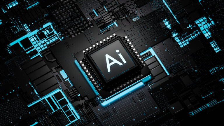 a digital render of a circuit board with a chip in the center inscribed with the letters ai