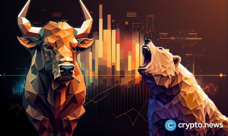 crypto news brown bear and black bull face to face full body portrait cartoon character space background low poly style