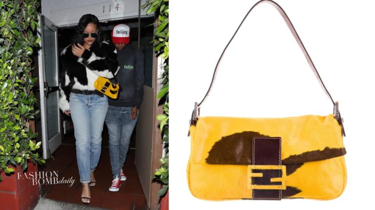 Rihanna Grabbed Dinner in Los Angeles in a Black and White Alexander Wang NY Fur Jacket and Belt with a Yellow Fendi Pony Hair Handbag feat pic