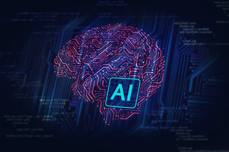 a digital brain on a circuit board with an ai chip at the base