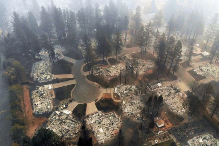 aerial view of paradise california neighborhood after camp fire