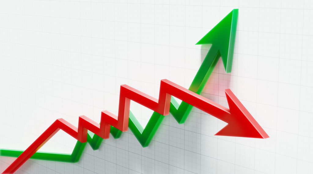 1 red arrow going down crosses 1 green arrow going up